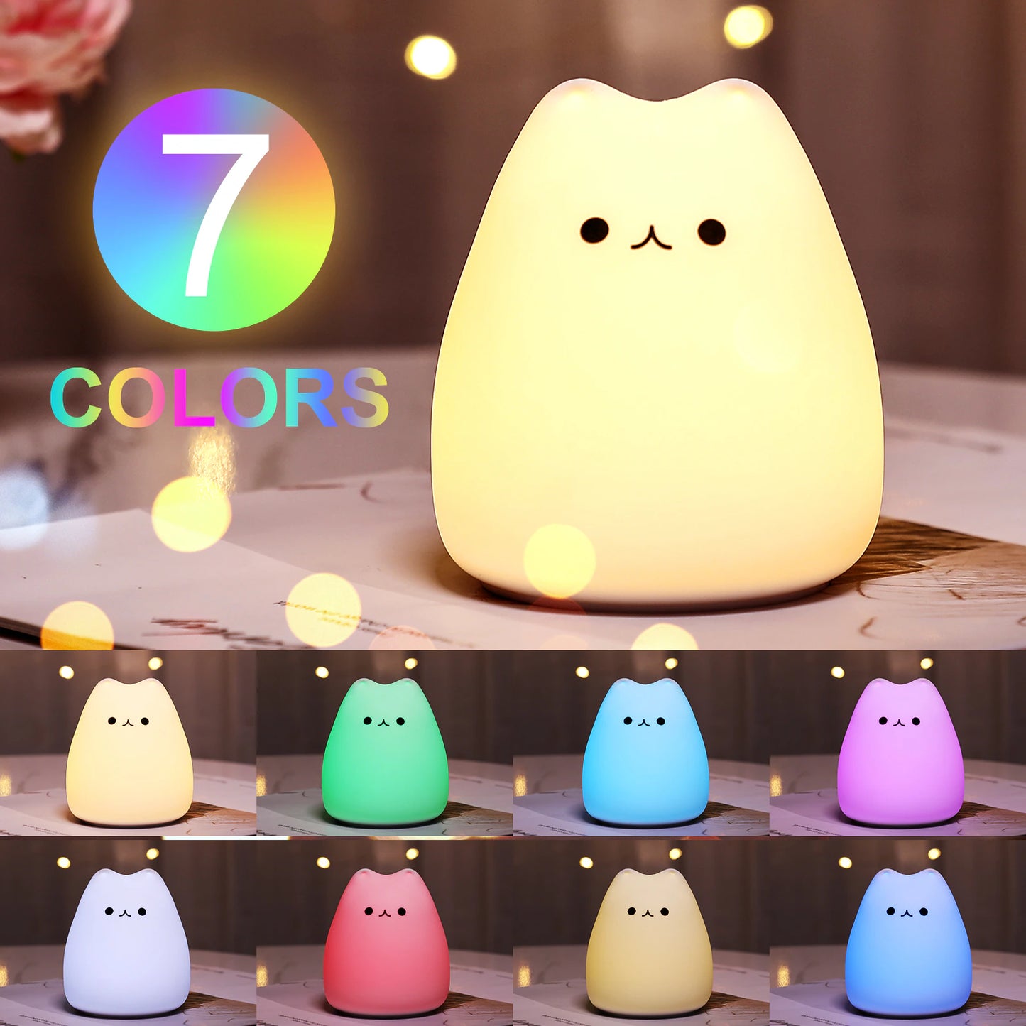 Mini Kawaii Popular Cat Baby Night Lamp 7-Color Pat Touch Color-Changing Eye Protection Bedroom Bedside Nightlight Gift Children