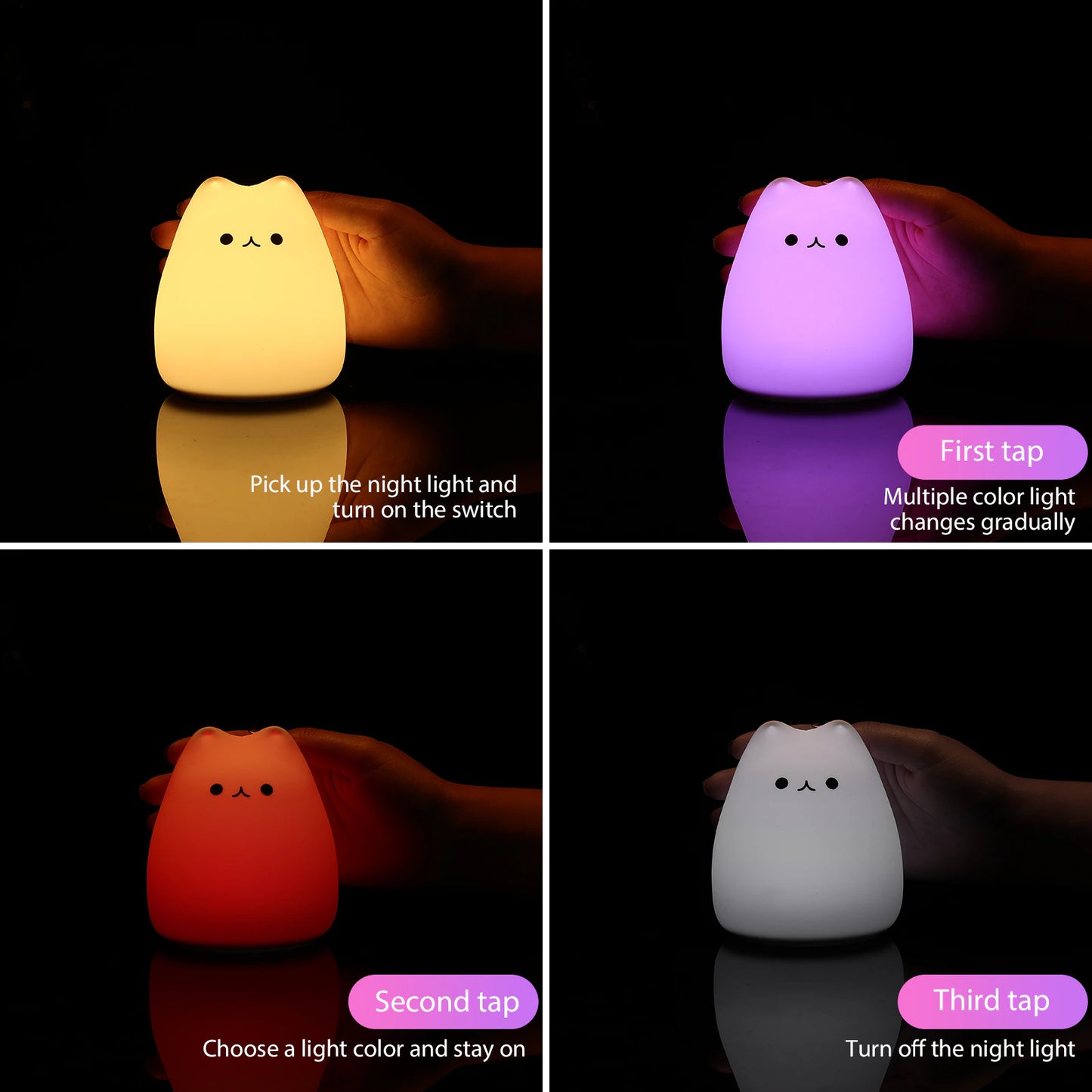 Mini Kawaii Popular Cat Baby Night Lamp 7-Color Pat Touch Color-Changing Eye Protection Bedroom Bedside Nightlight Gift Children