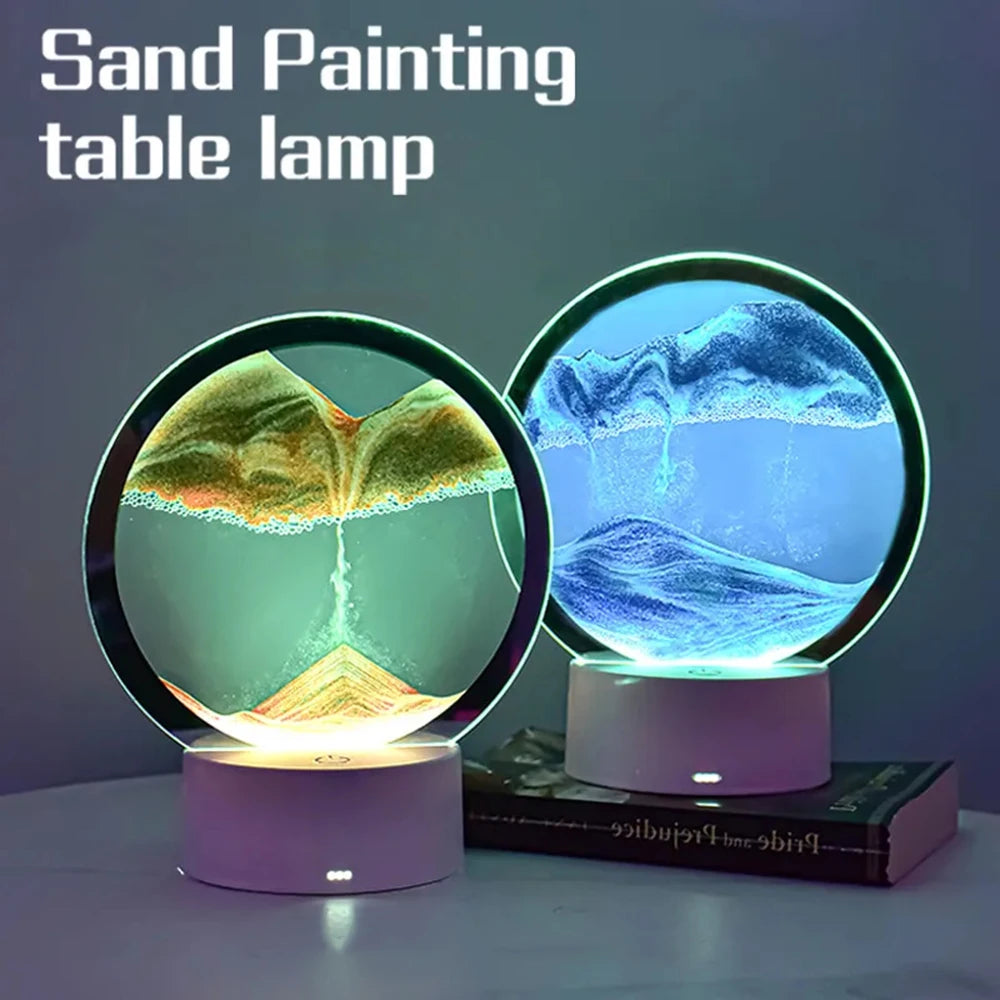 LED Quicksand Painting Hourglass Art Unique Decorative Sand Painting Night Light Bedroom Decoration Glass Hourglass Table Lamp