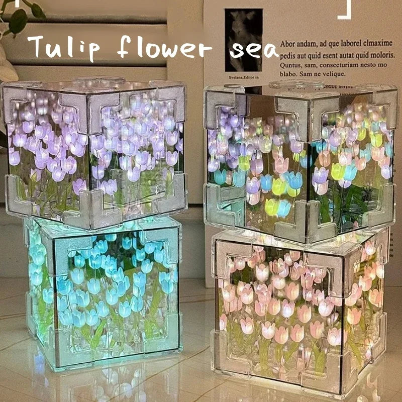 DIY Tulip Mirror Cube Lamp Simulation Flower Bedroom Sleeping Table Lamp Handmade Craft Tulips Mirror Night Light Birthday Gift